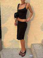 Women's Casual Fitted Solid Color Camisole And Skirt Basic Street Style Vacation Everyday 2-Piece Set Black Summer Elegant