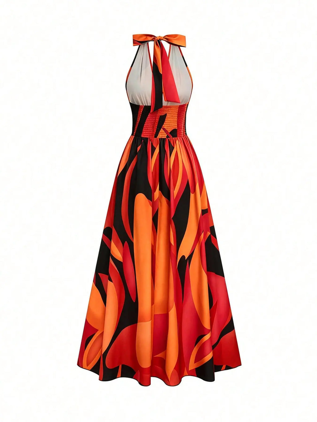 All Over Print Halter Long Dress with Deep V Neck and Split Hem