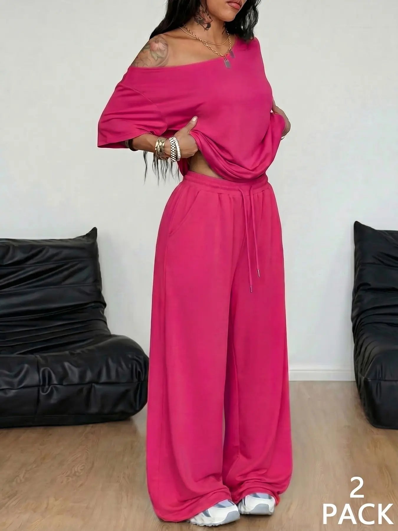 Women's Minimalist Off Shoulder T-Shirt & Wide Leg Pants Set