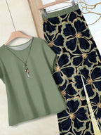 Women's Navy Blue Floral Summer Boho Casual Vacation Holiday 2 Pieces Outfits Plants-Pattern Pants And Round Neck Batwing Sleeve Blouse Woven Set