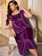 MuseNap CURVE Plus Size Women Pleated Square Collar Embroidered Satin Nightgown