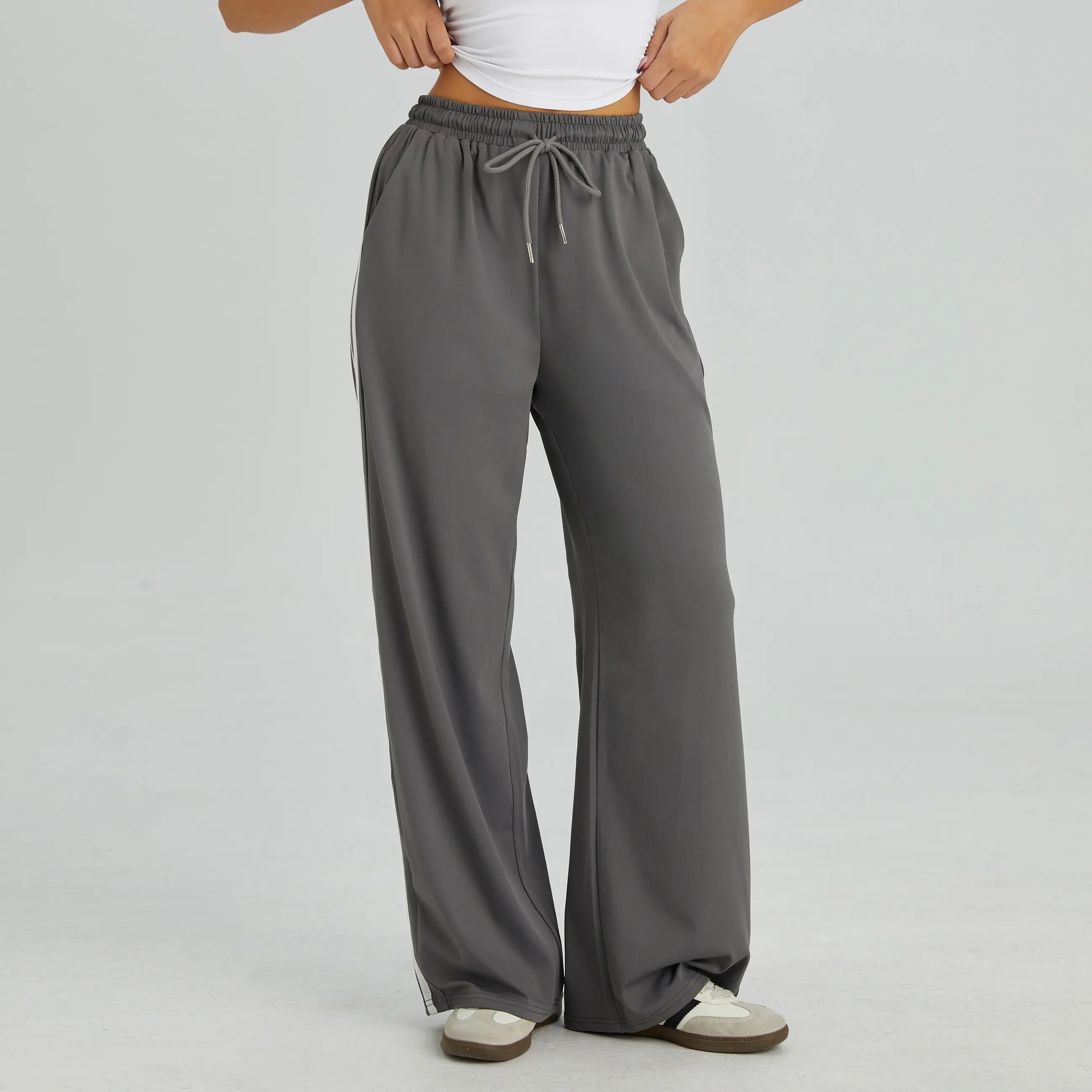 Women's Casual High Waist Striped Wide Leg Trousers, Sporty Drawstring Waist Side Pocket Outfit, Minimalist Versatile Women's Bottom