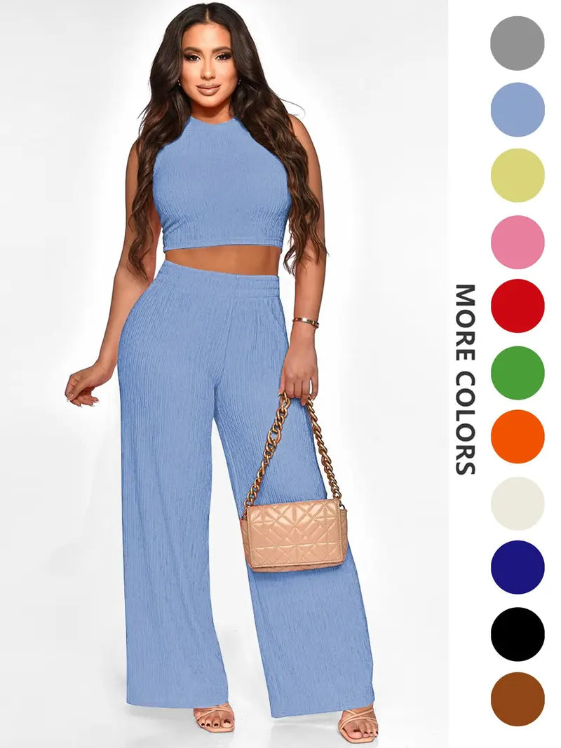 Two-Piece Set Women's Solid Textured Knit Fabric Co-ord Set Suits, Casual Round Neck Crop Tank Top & High Waist Wide Leg Pants Set, Ladies Summer Fit Clothes for Daily Wear, Womenswear
