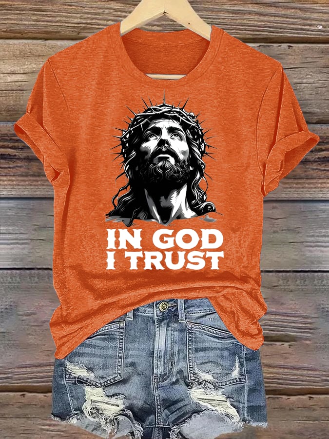 Women's  In God I Trust Christian T-Shirt, Retro Jesus Portrait Graphic Tee, Faith Based Religious Shirt