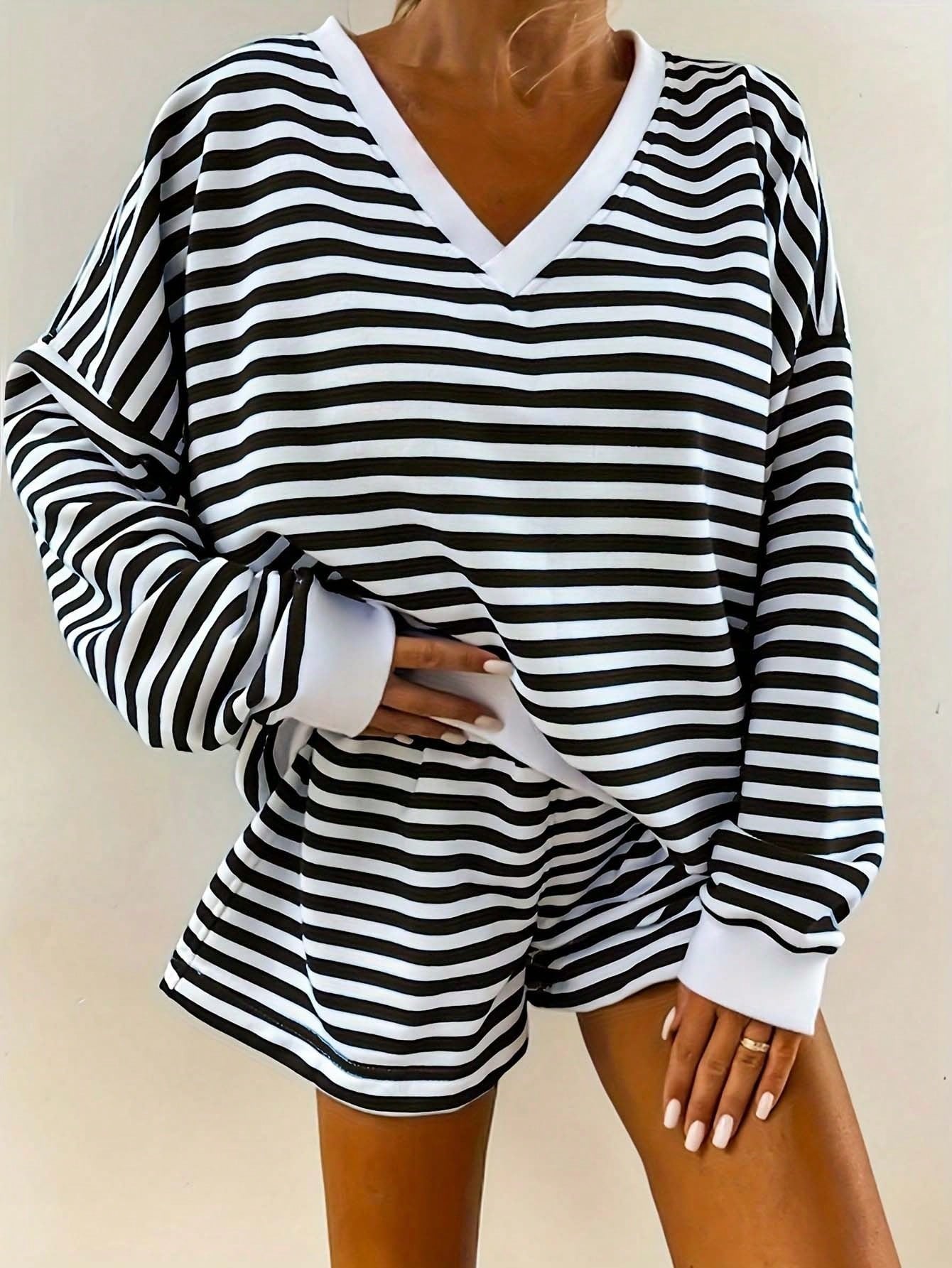 2pcs Women's Classic Striped Pajama Set, Long-Sleeved Pajama Shorts Set, V-Neck Design, Multiple Colors, Stylish, Casual, And Comfortable Pajama Set