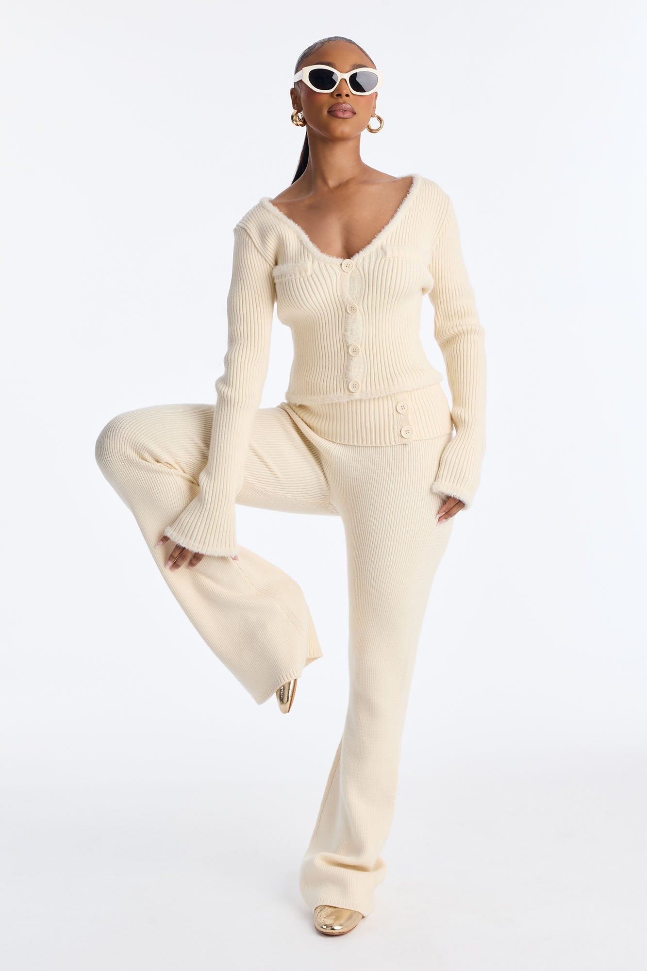 So Sweet Foldover Waist Flare Leg Pant Set - Cream