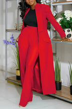 Turndown Collar Solid Color Long Blazer High Waist Pants 2pcs Set-Green