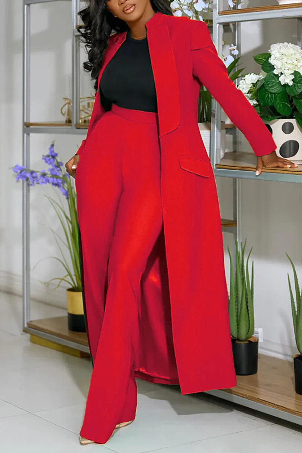Turndown Collar Solid Color Long Blazer High Waist Pants 2pcs Set-Green