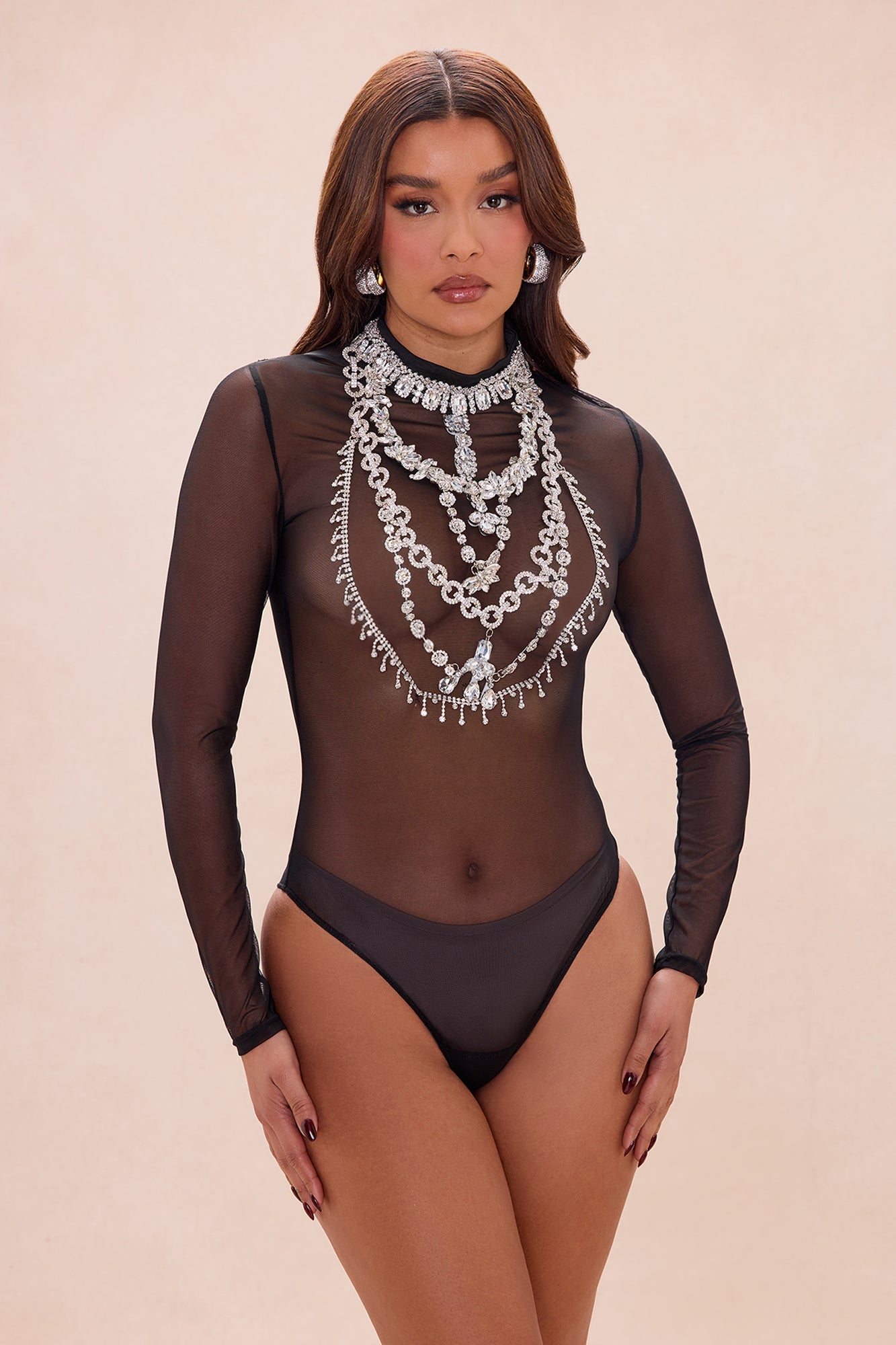 Steal The Show Rhinestone Mesh Bodysuit - Black