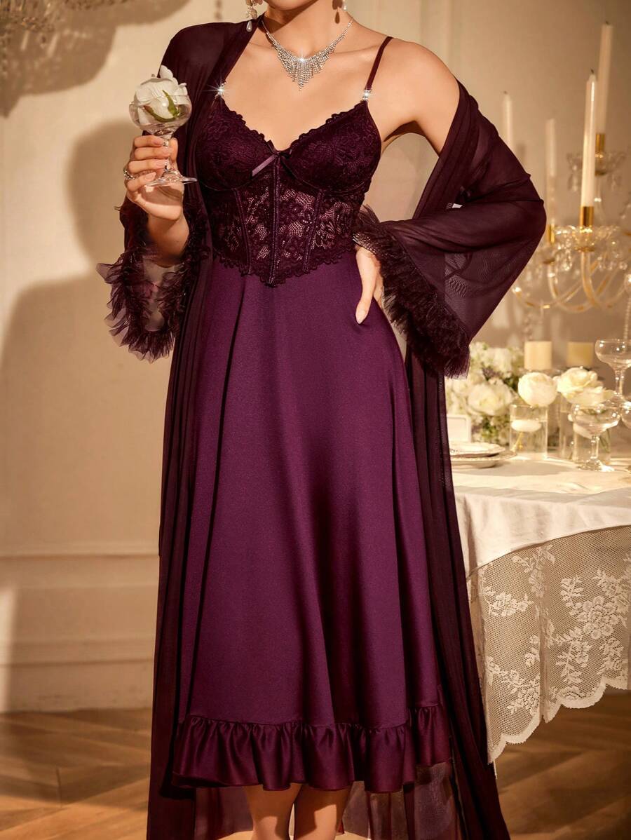 Slumberist 2pcs/Set Fishbone Design Waist Lace Camisole Nightgown + Floral Trim Wide Sleeve Mesh Robe