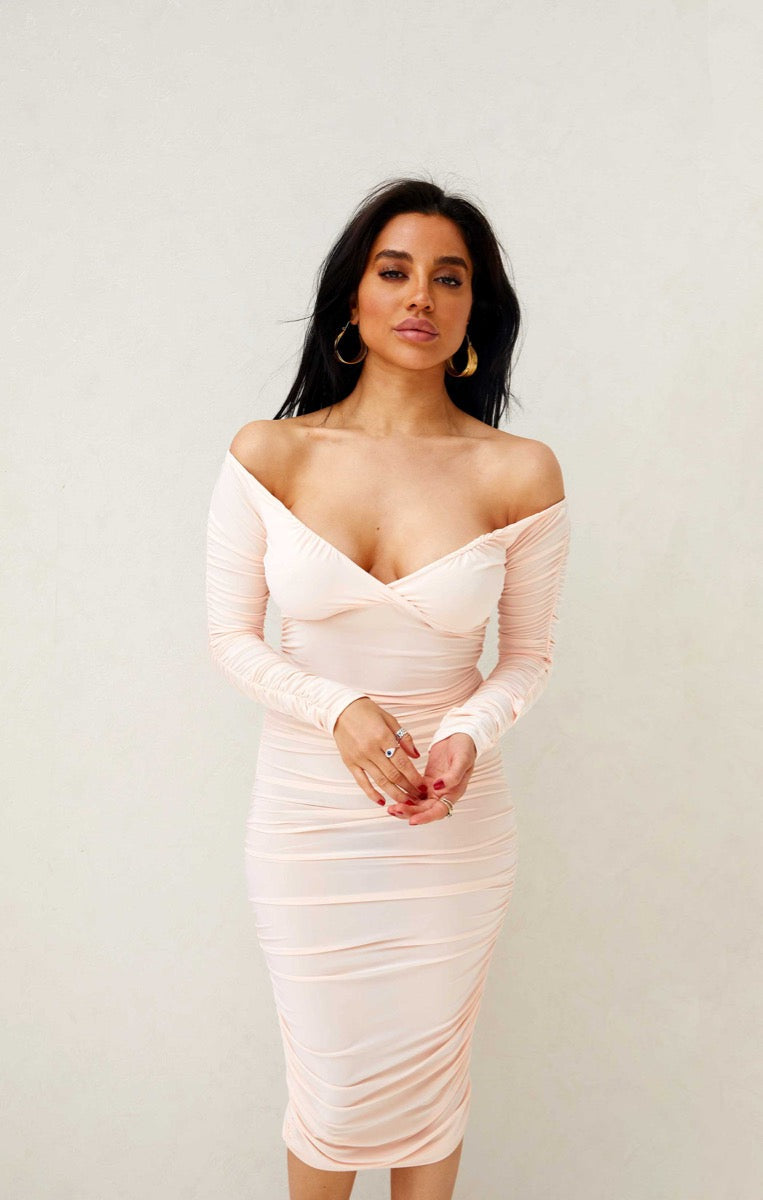 Ruched Bardot Long Sleeve Bodycon Mini Dress