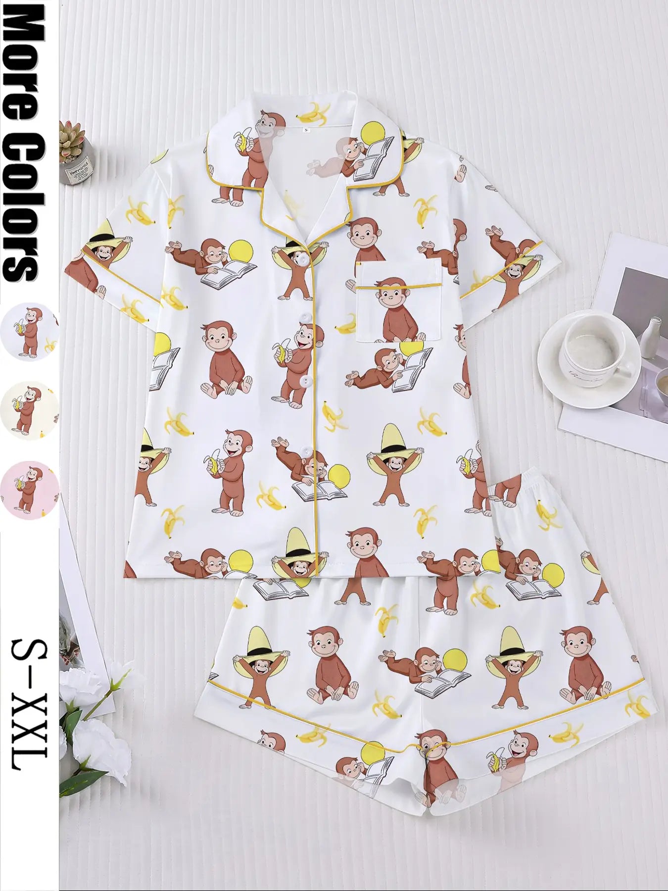 Women's Monkey Banana Print Sleepwear Set, Comfortable Short Sleeve Button Shirt & Loose Elastic Shorts, Fashion Casual Home Wear, Pajama Set, Matching Pj Set, Sleepwear Pajamas Set