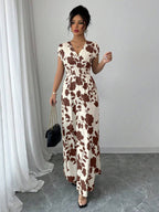 Elenzga Women V-Neck Allover Print Casual Long Dress