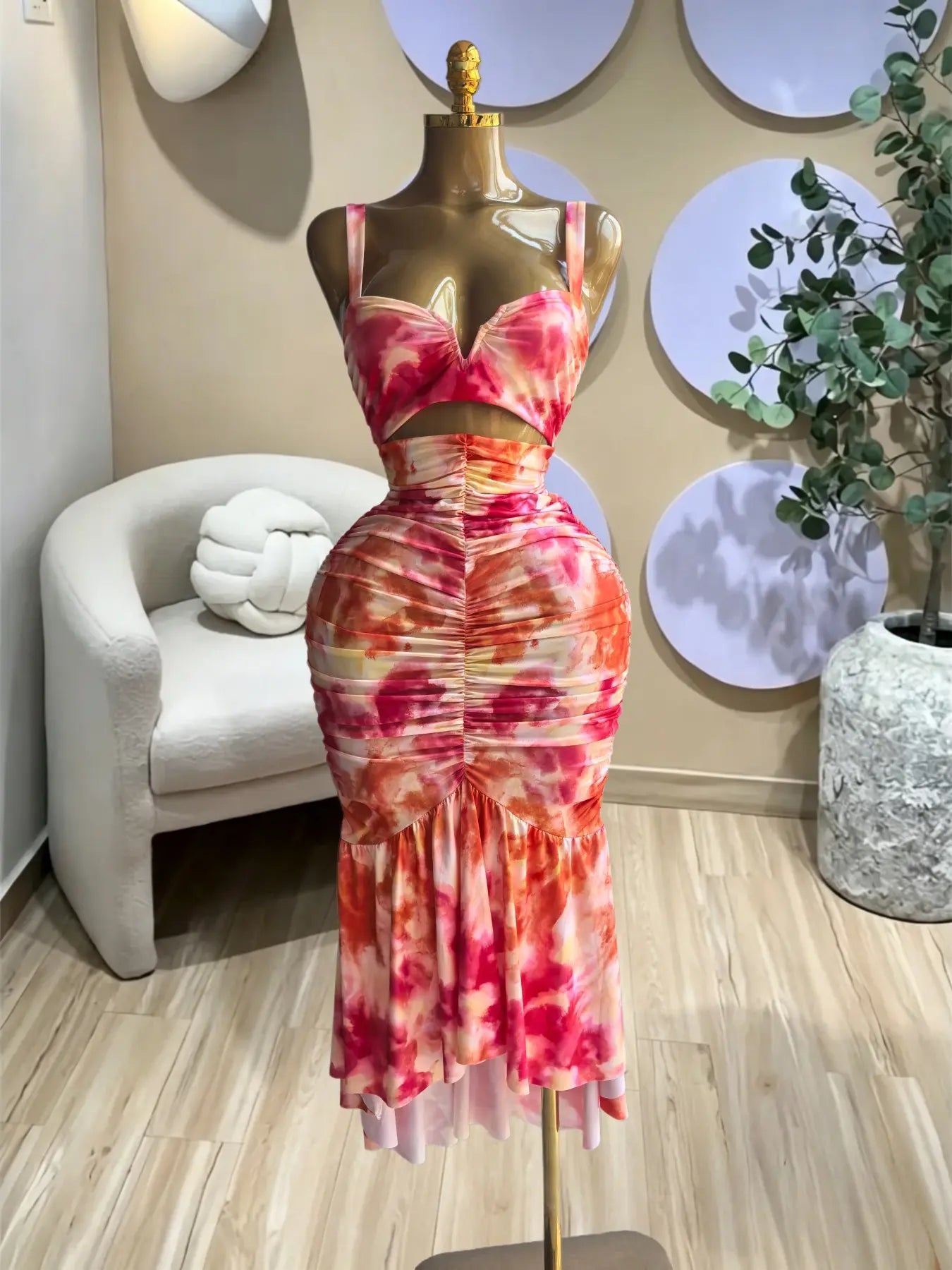Elegant Women's Tropical Floral Print Cut Out Ruched MIdi Prom Dress, Summer Birthday Party Outfit Club Cocktail Gown, Lady Casual Skirt,Female Brunch Dresses,Graduation Dresses