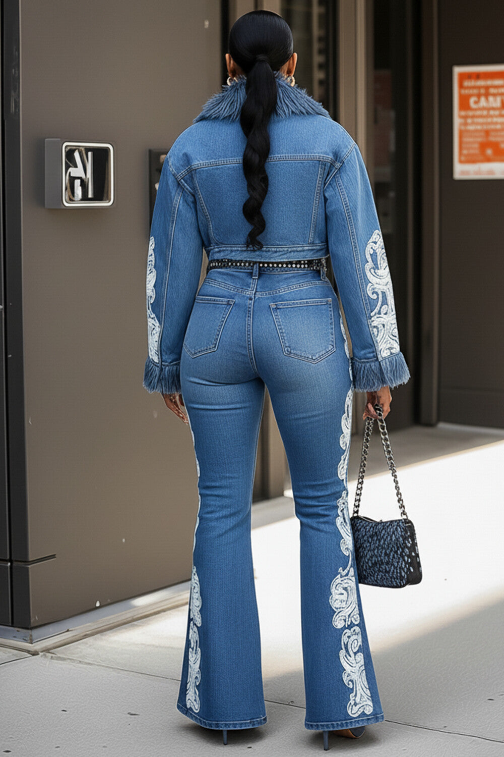 Fuzzy Collar Cuff Jacket Flared Pants Print Denim 2pcs Set-Blue