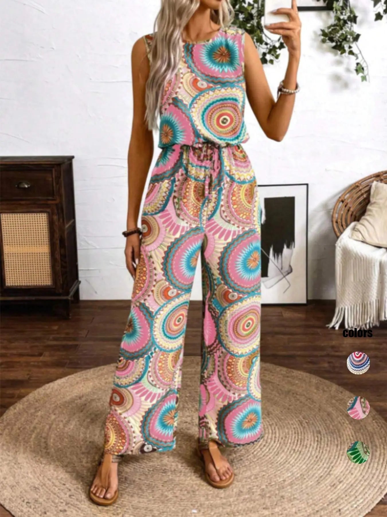 Women's Bohemian Style Sleeveless Jumpsuit, All over Print, Fitted, Casual, Round Neck, Wide Leg, Elastic Waist, Party & Vacation, Boho