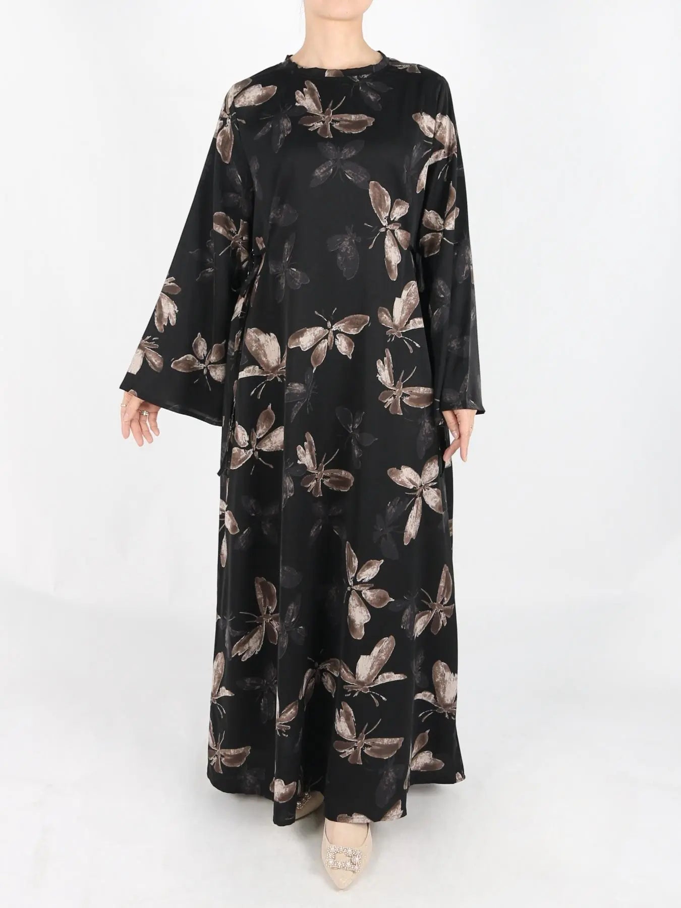 Women's Tie Side Zipper Back Dress, Elegant Long Sleeve Belted Abaya Dress for Daily Wear, Ladies Islamic Clothing for All Seasons, Round Neck Abayas