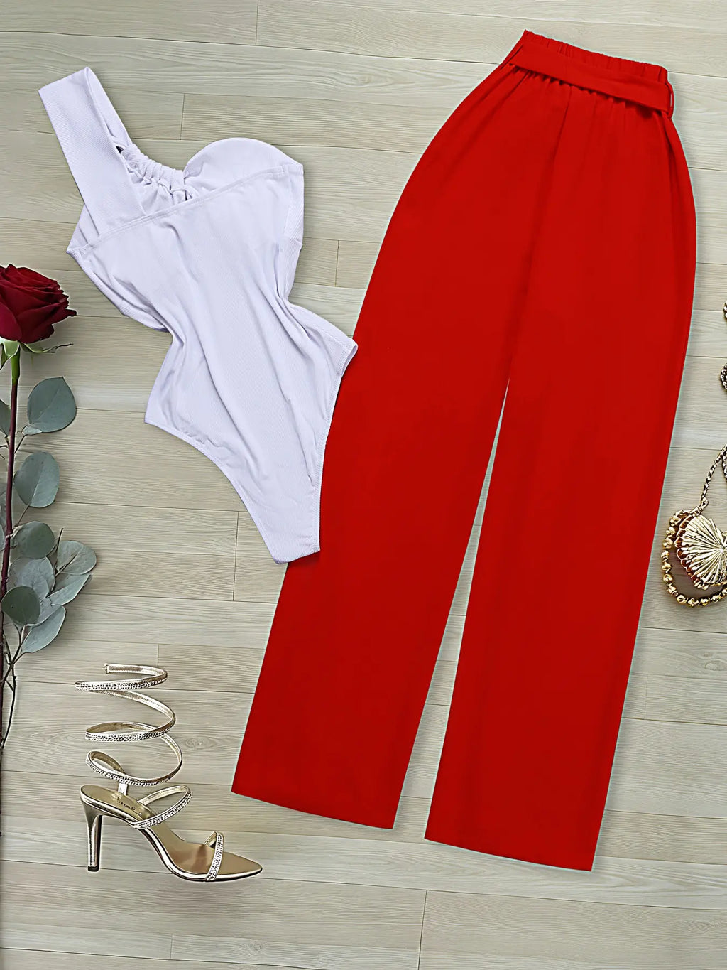 Elegant Jumpsuit + Wide Leg Pants Set, Top, Womenswear, Lightweight, Flowy, Sexy Vacation, Perfect for Summer, Stylish and Comfortable