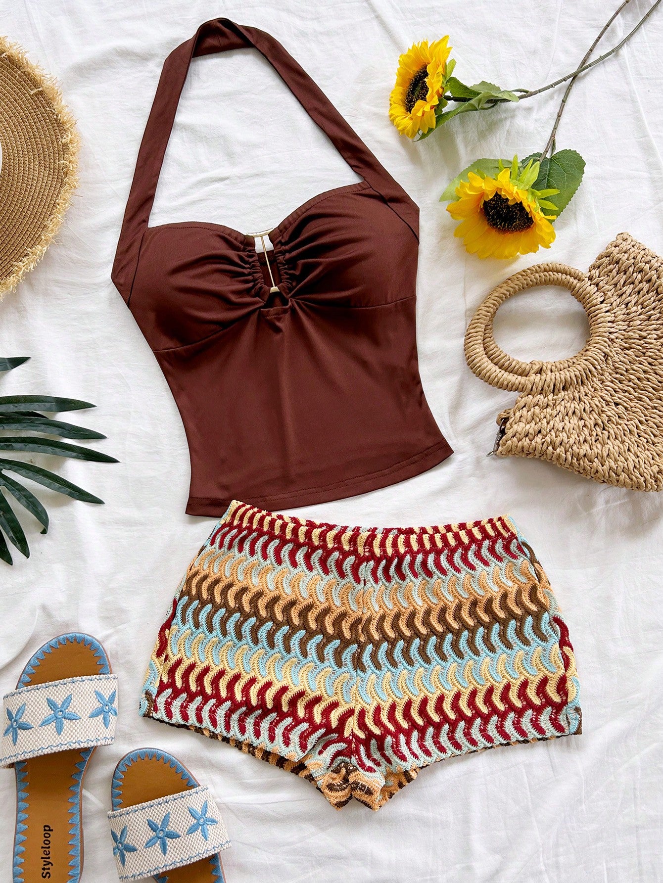 Soleia Women's Vacation Striped Halter Top And Shorts Casual 2 Pieces Set