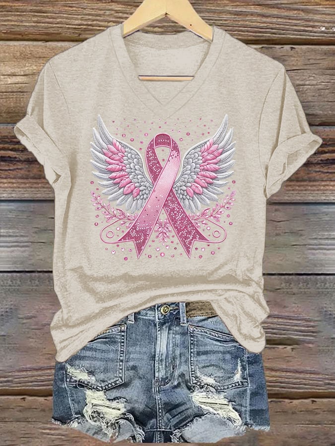 Women's casual pink ribbon wings T-shirt