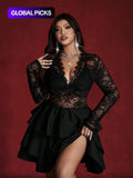 Plus Size Lace Evening Gown with Deep V-Neck and Ruffle Waist