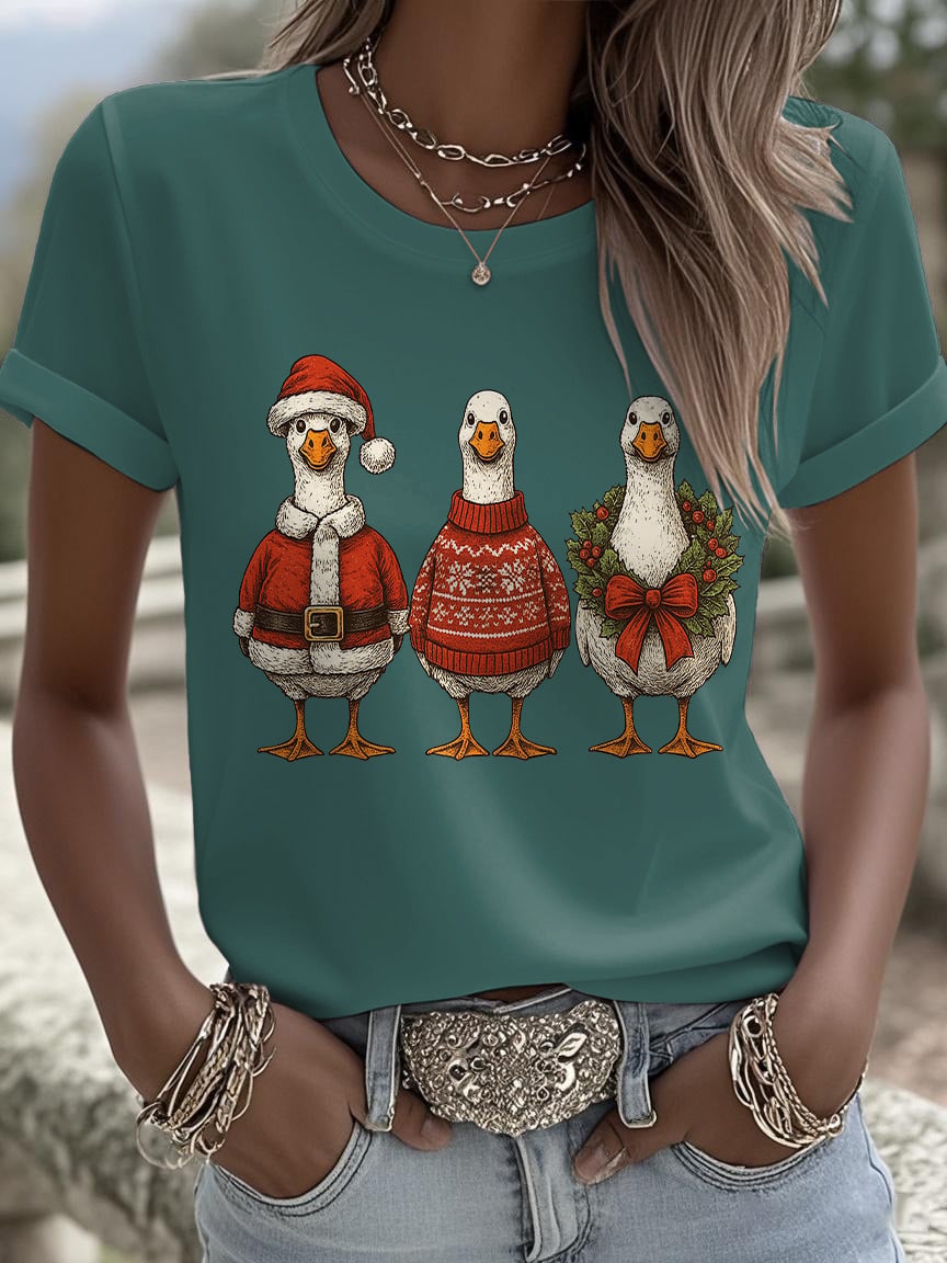 Women's Santa Goose Print T-shirt