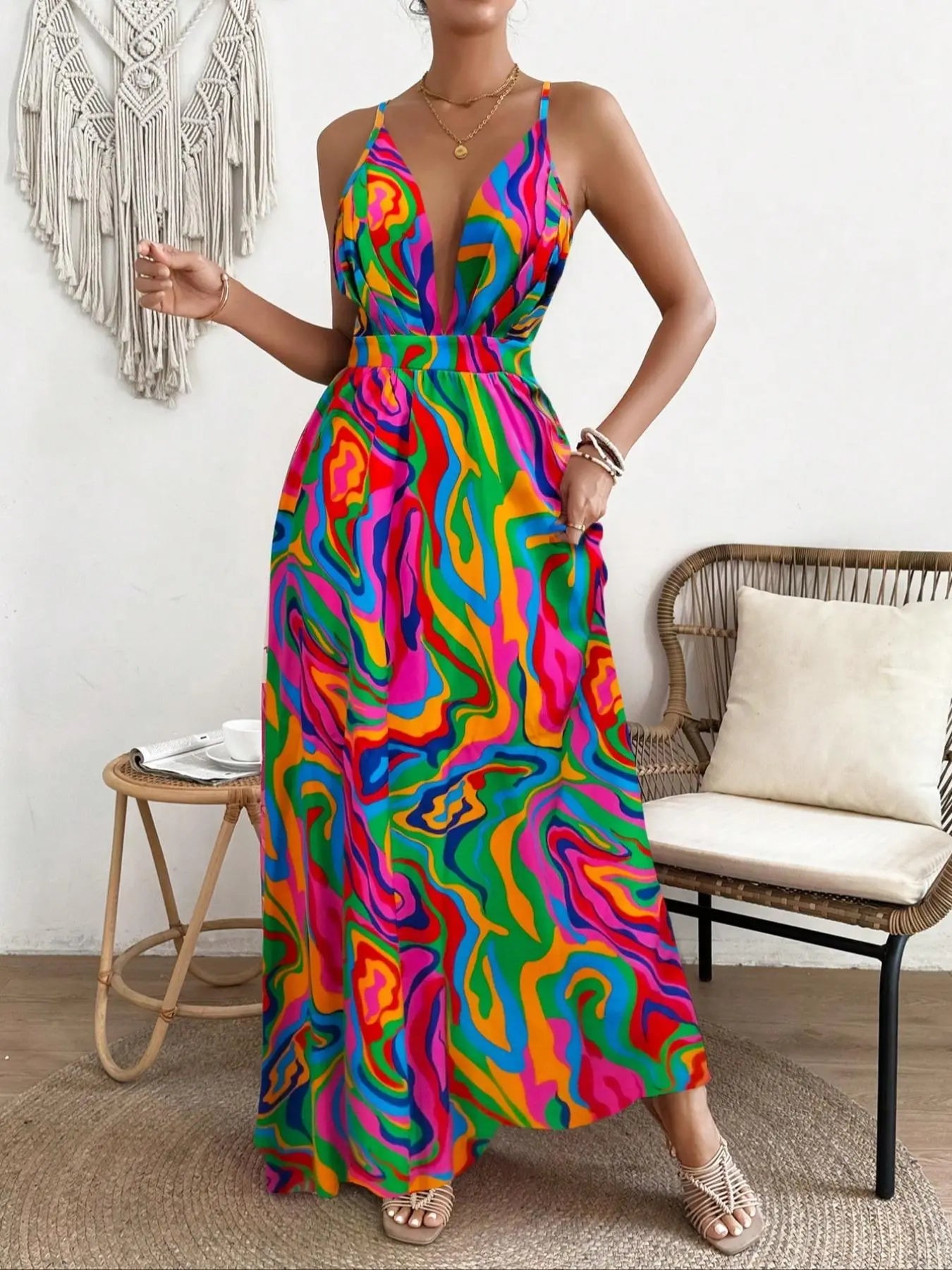 Women's All Over Print Deep V Neck Sleeveless Backless Cami Maxi Dress, Beachwear Dress, Elegant Adjustable Strap Criss Cross A Line Dress for Beach Holiday Vacation, Ladies Summer Clothes