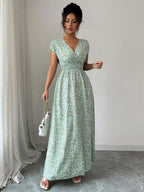 Elenzga Women V-Neck Allover Print Casual Long Dress