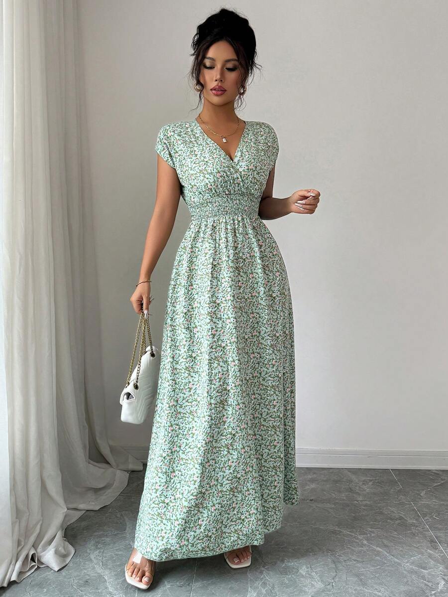 Elenzga Women V-Neck Allover Print Casual Long Dress
