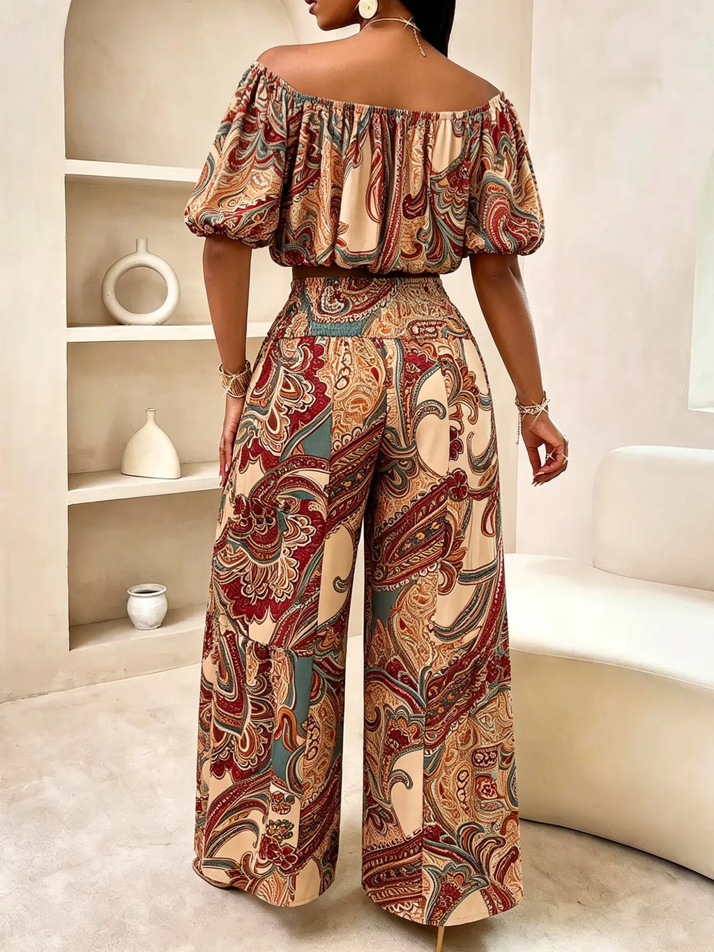 Women's Summer Paisley Print Vintage Vacation Two-Piece Set, Off-Shoulder Bubble Sleeve Crop Top + High Waist Drawstring Wide Leg Pants