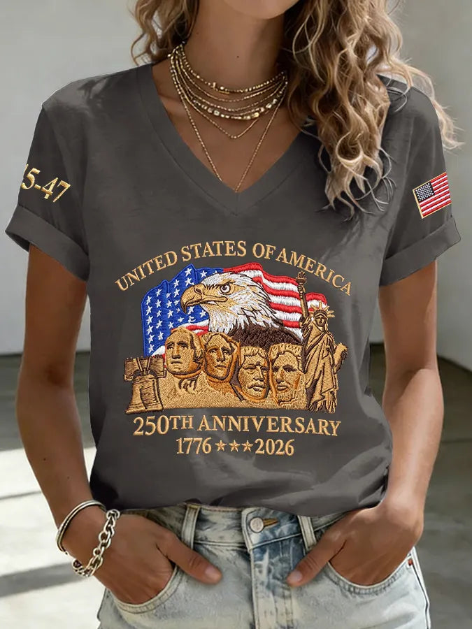 V-Neck Retro United States Of America 250th Anniversary Print T-Shirt
