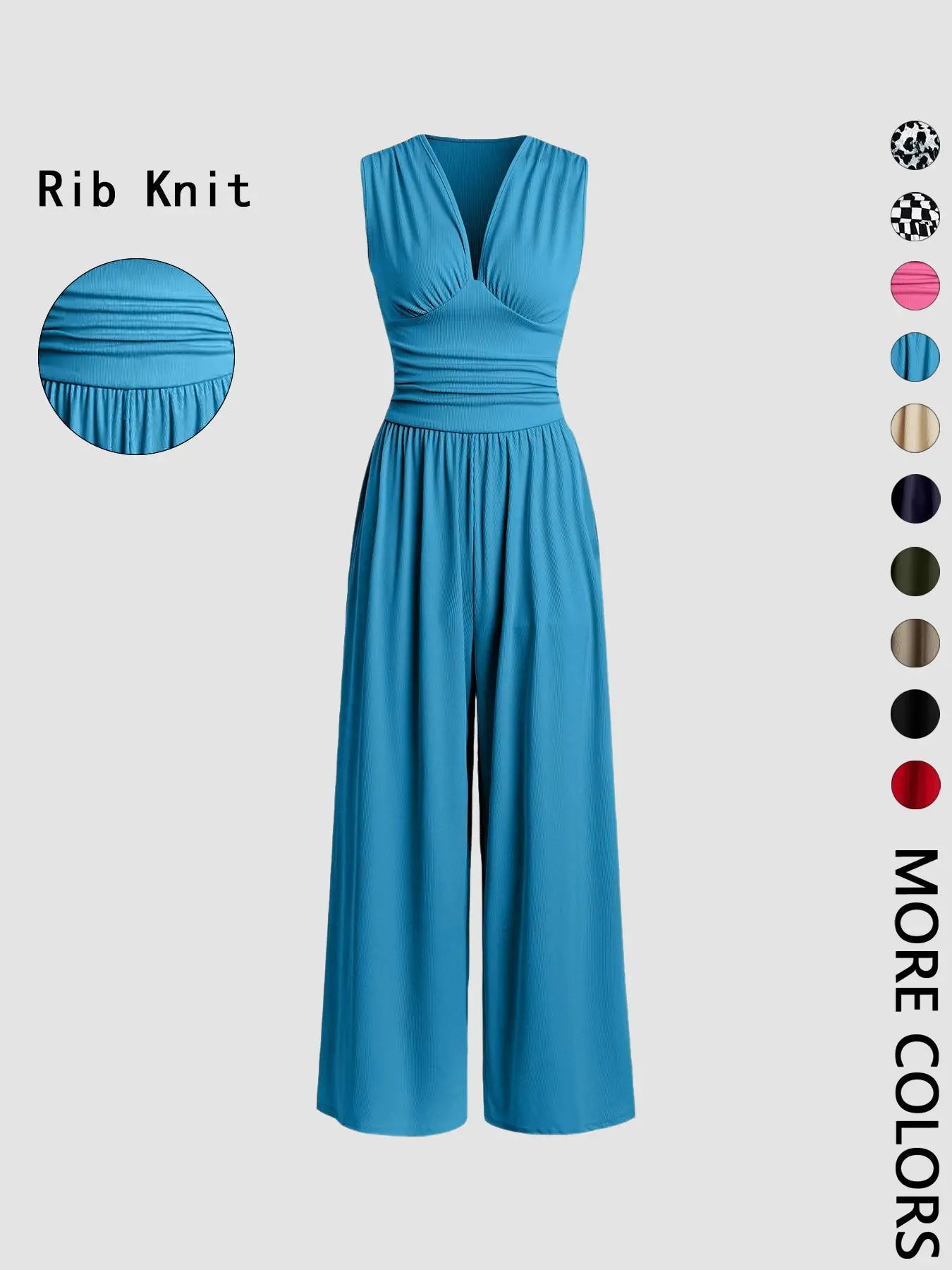 Women's Plain Ruched Deep V Neck Wide Leg Jumpsuit, Casual Sleeveless Ribbed Jumpsuit for Daily Wear, Ladies Clothes for All Seasons, Womenswear Basic Minimalist