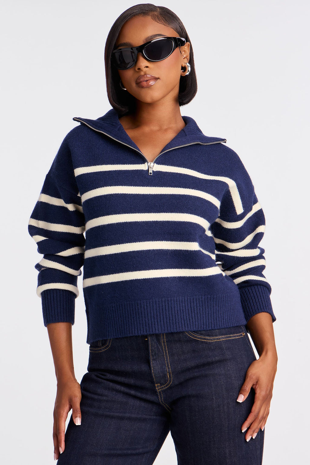 Stripes And Lines Quarter Zip Sweater - Navy/combo