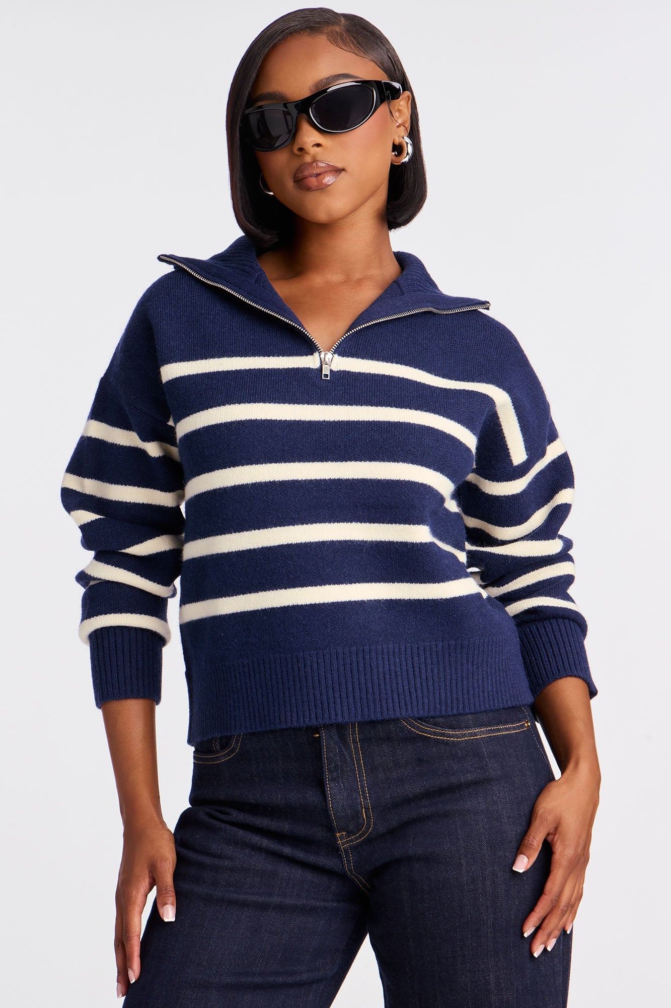 Stripes And Lines Quarter Zip Sweater - Navy/combo