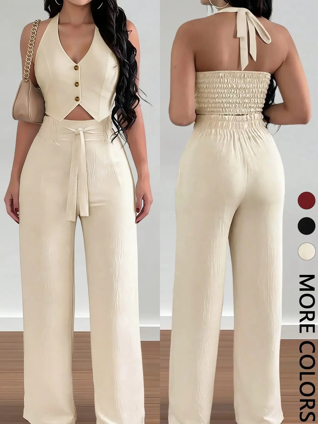 Women's Halter Crop Top & Wide-Leg Pants Set - Comfortable Woven Material