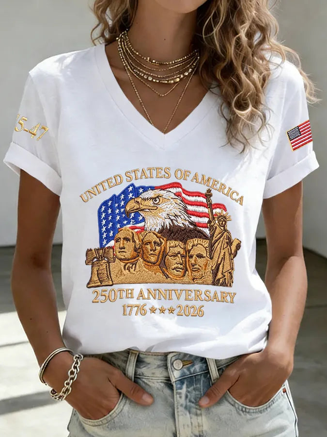 V-Neck Retro United States Of America 250th Anniversary Print T-Shirt