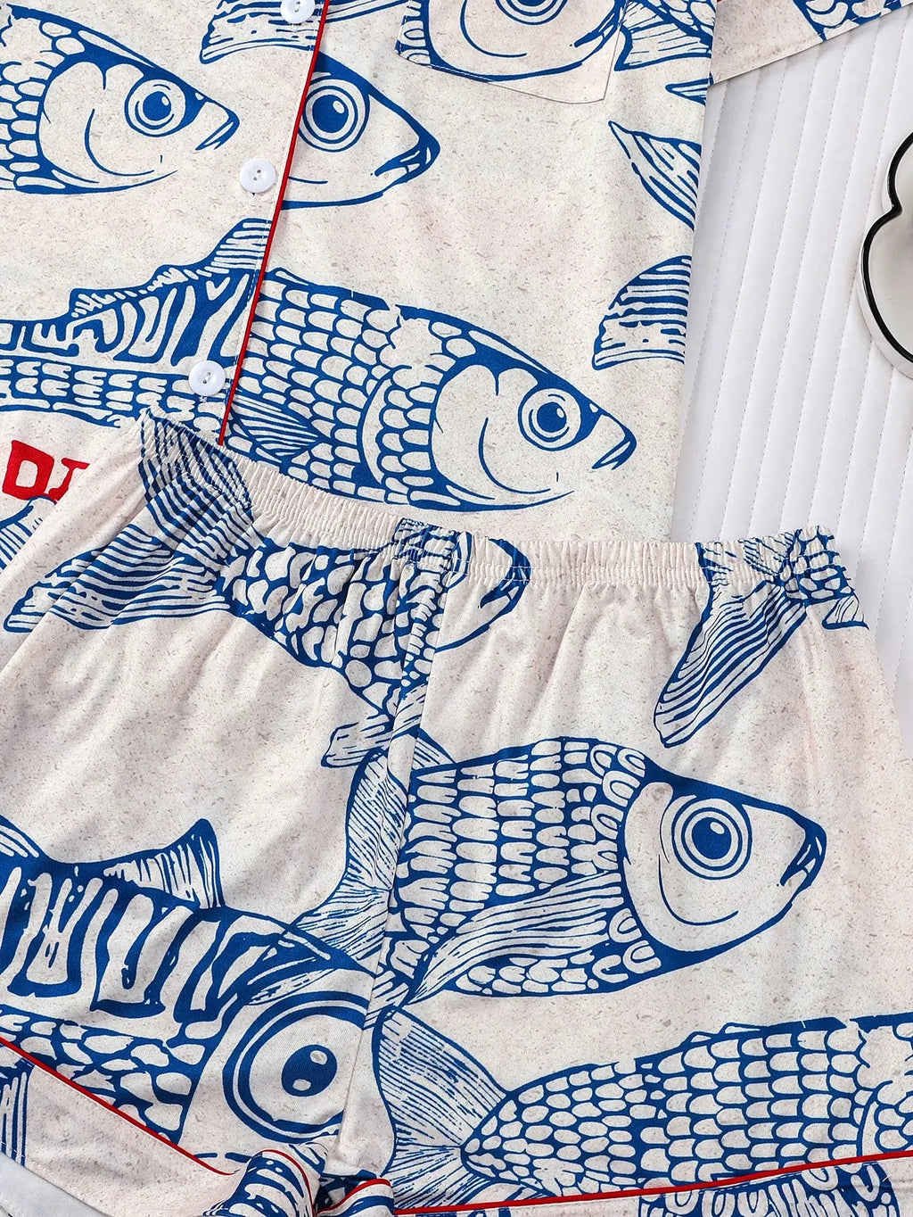 2pcs Women Pajama Set, Sardine Print, Ladies Homewear, Spring/Summer Holiday Outfit, Short Sleeve Lapel Top And Shorts Can Be Worn Outdoors