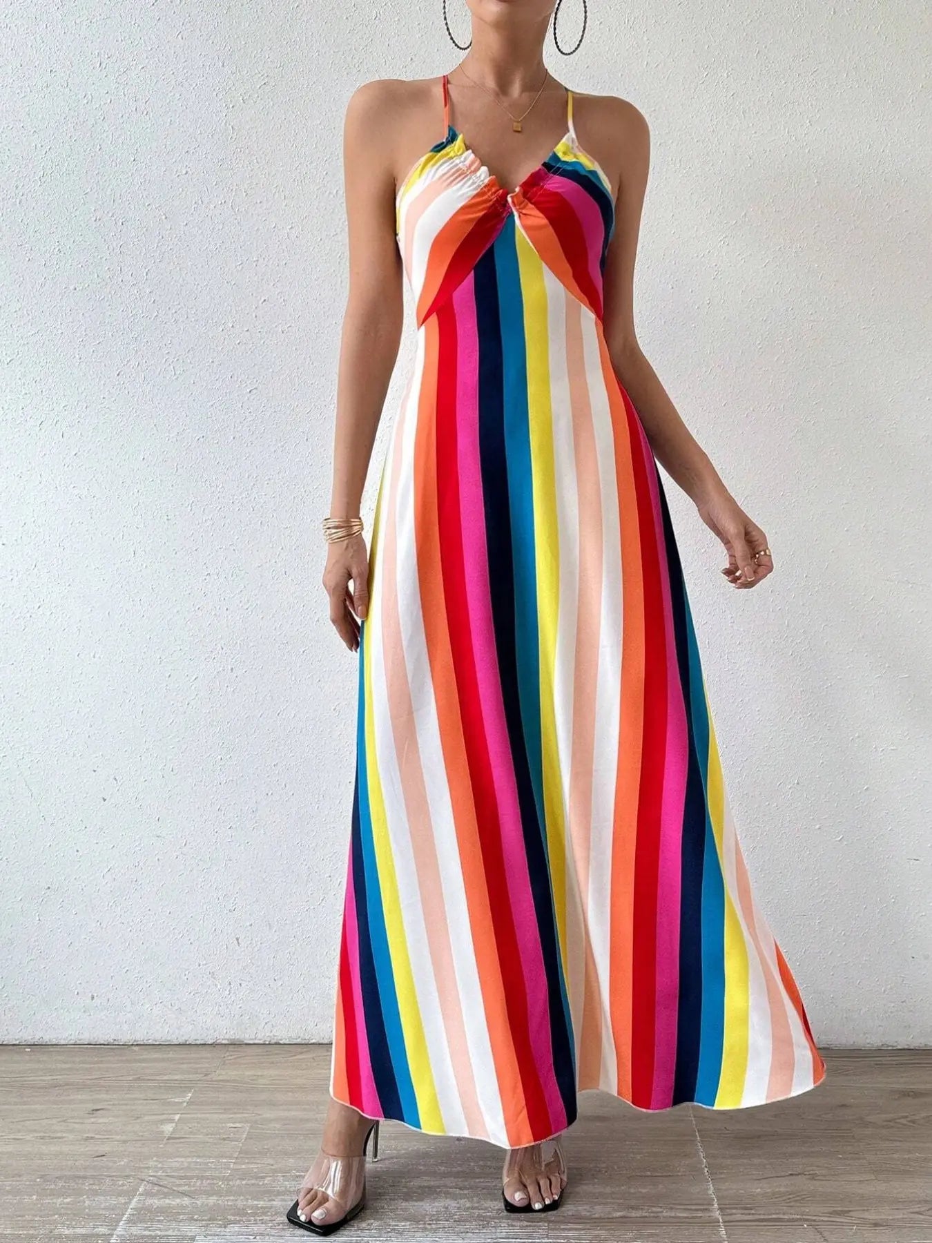 Women's Printed Split Long Sleeveless Dress, Classic Stripe Design, Backless Criss Cross Strap, Spring Summer Fall Wear, Casual Boho Elegant Bohemian Style Womenswear