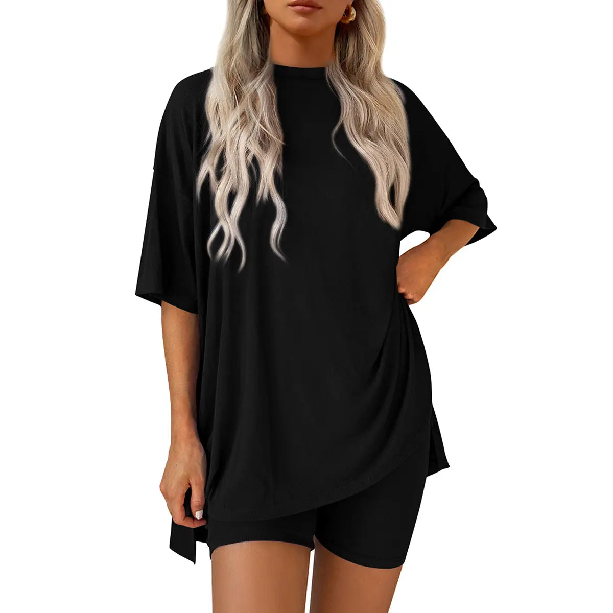 Women Summer  Casual Oversized  Split Hem Shirts & Side Pocket Biker Shorts
