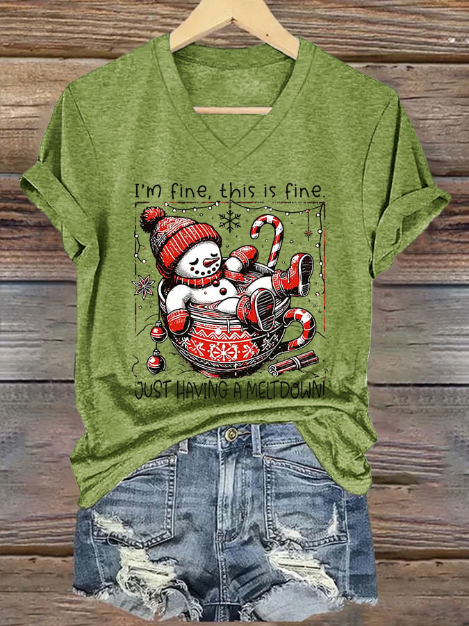 V-Neck Retro Christmas Funny Snowman Hot Cocoa I'm Fine, This Is Fine Just Having A Meltdown Print T-Shirt