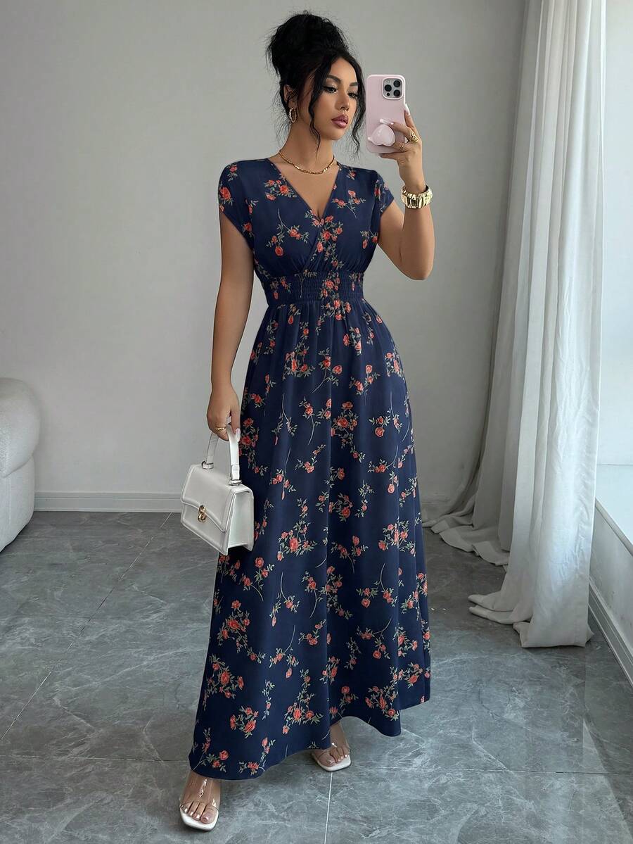Elenzga Women V-Neck Allover Print Casual Long Dress