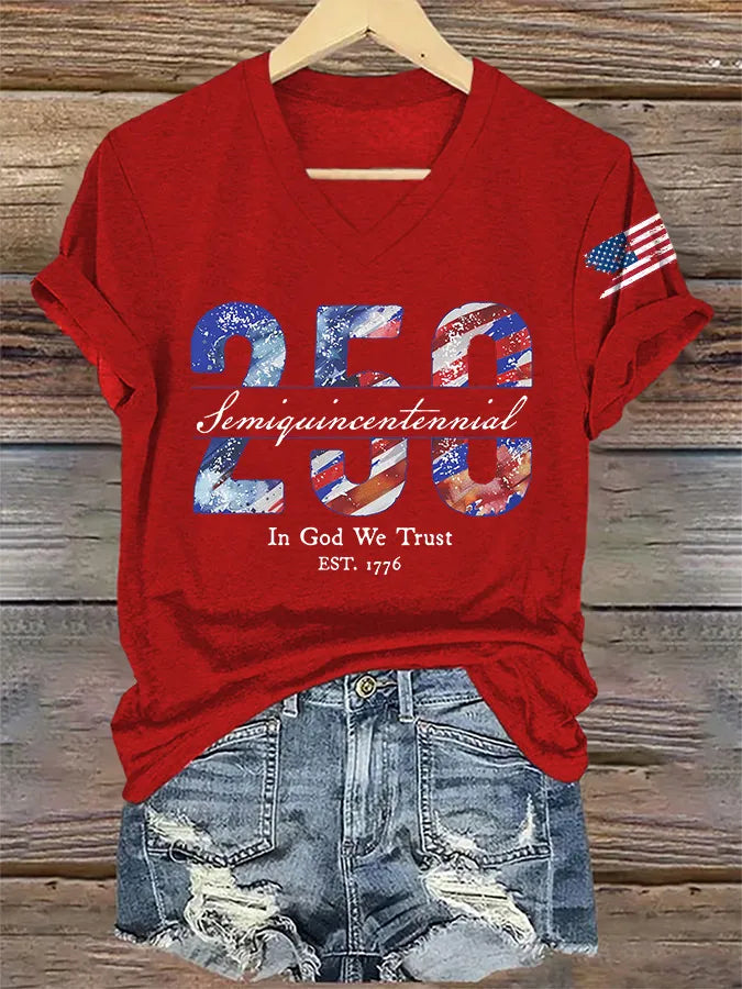 V-Neck Retro Semiquincentennial 250 In God We Trust Print T-Shirt