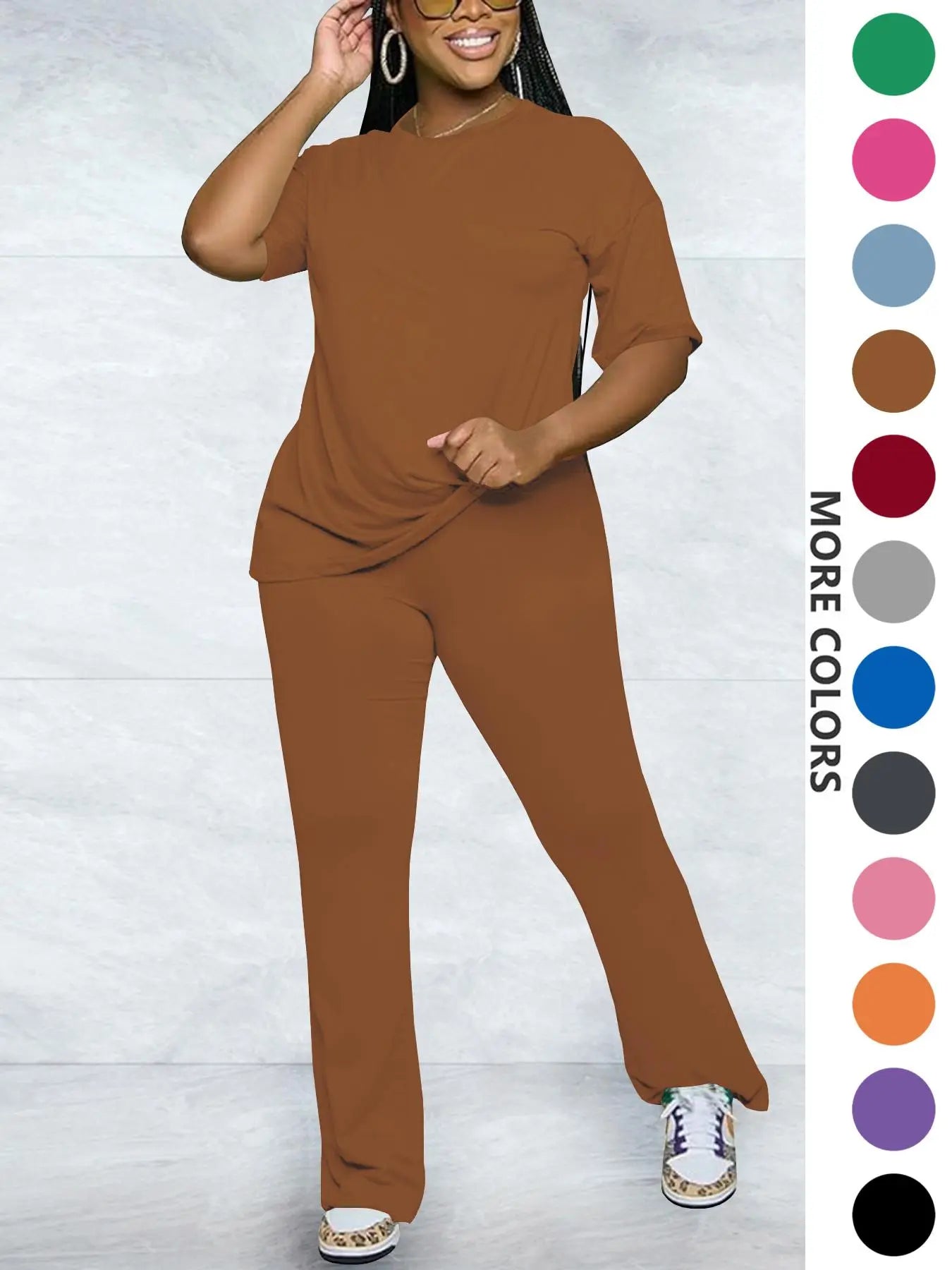Women's Solid Round Neck Drop Shoulder Fitted Tee & Pants Two-piece Set, Casual Basic Fashion Cozy Half Sleeve T-shirt & Trousers for Daily Outdoor Wear, Women's Clothing for Fall, Casual Loungewear Set