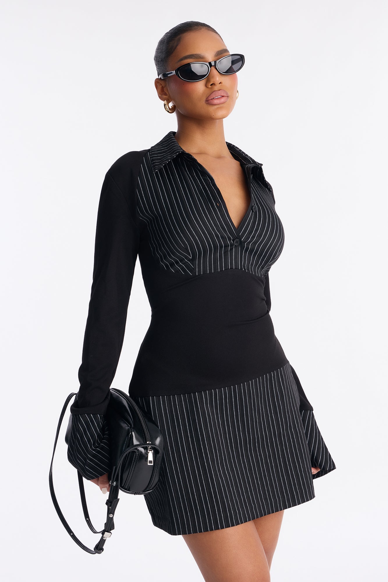 Helen Long Sleeve Pinstripe Mini Dress - Black