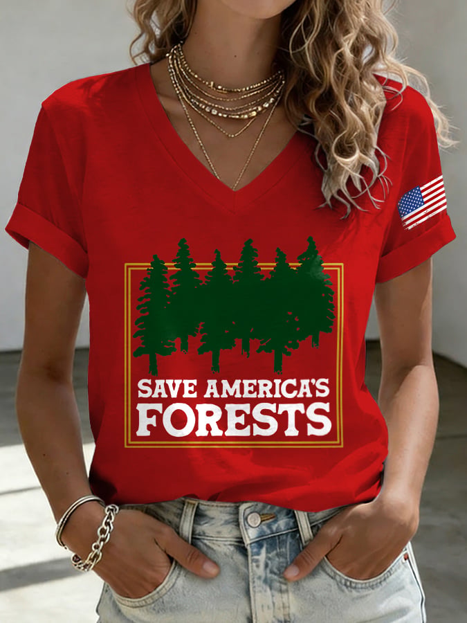 V-Neck Retro Save America's Forests Print T-Shirt