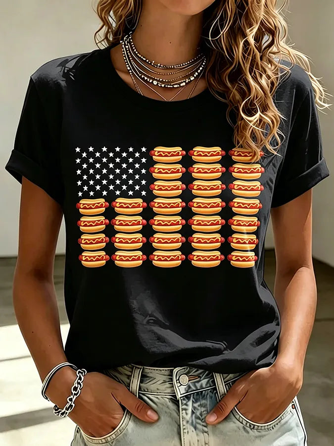 Women's Hot Dog Pattern American Flag Patriotic Print Comfortable Pure Cotton T-Shirt