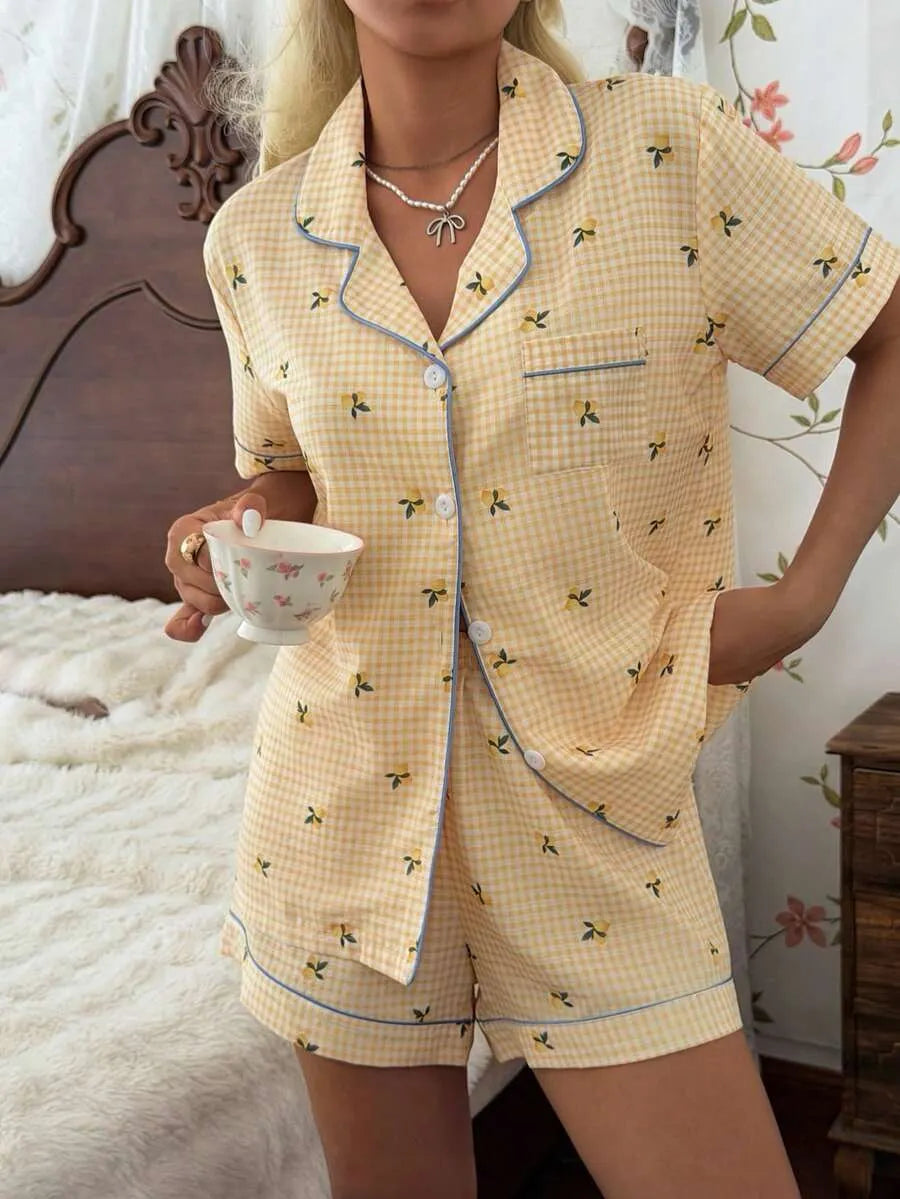 CottageSlumber Women's New Lemon Plaid Print Button-Front Short Sleeve Shorts Pajama Set