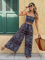 Frenchy Women's Blue And White Plant Print Cropped Tube Top & Wide Leg Pants 2 Pieces Set,Boho Summer Holiday Vacation Holiday Beach Bohemian Outfits Suit