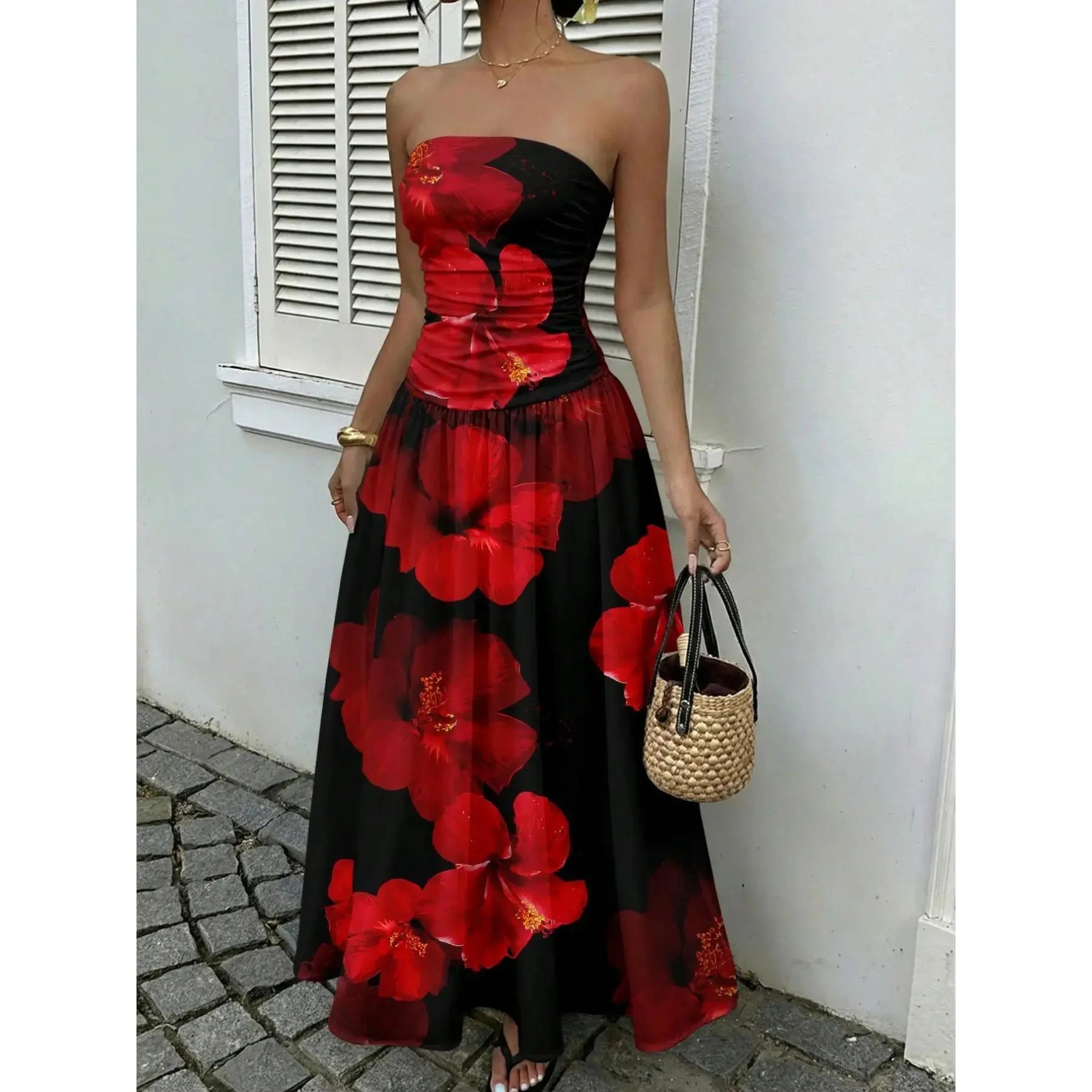 Women's Elegant Chic Fashion Polka Dot Strapless Dress, Stylish Sleeveless Maxi Dress for Parties and Casual Wear