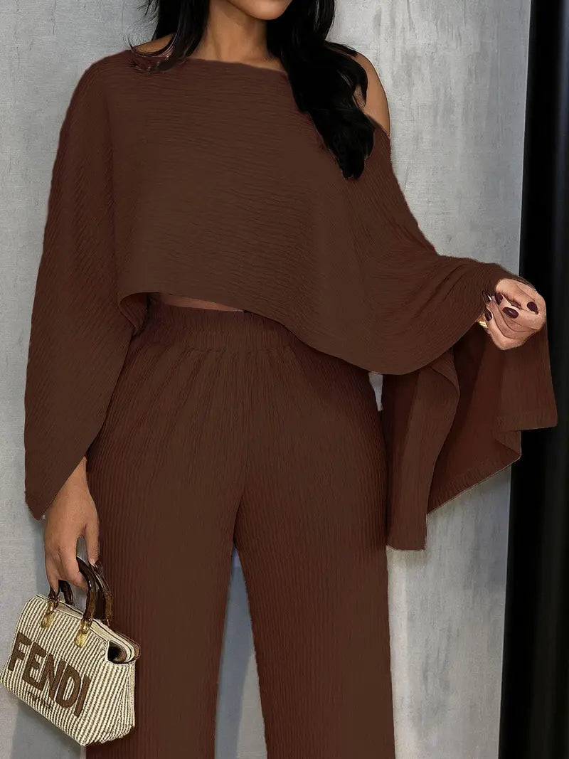 Two-Piece Set Women's Solid Color Knit Top & Elastic Waist Pants